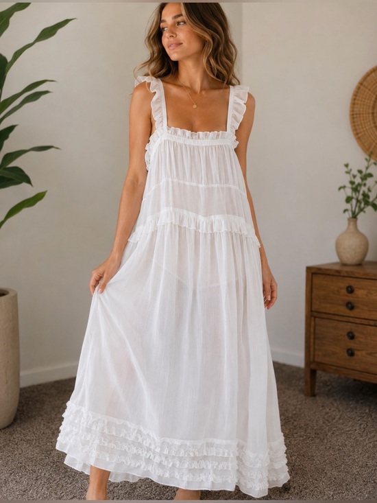 Free People Dresses & Skirts - ❌SOLD❌Free People White Sheer Ruffle Tiered Midi Dress Slip Cover Up Size M